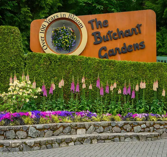 A large sign reading “The Butchart Gardens” and “Over 100 Years in Bloom” stands behind a manicured hedge, colorful flowers, and a stone border.